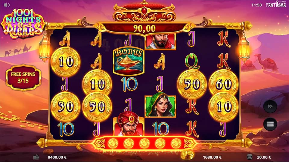 Multi Coin Feature in 1001 Nights of Riches slot showing coins with values ranging from 10 to 60.