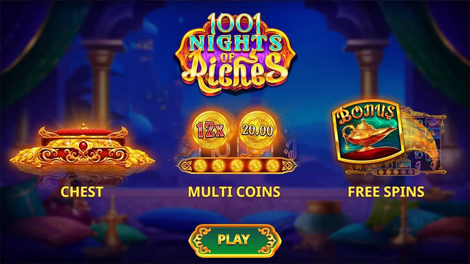 Homepage of 1001 Nights of Riches slot introducing game features and bonus mechanics.