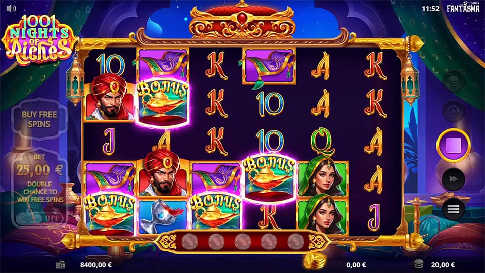 Four Bonus symbols appearing in 1001 Nights of Riches slot, triggering the Free Spins bonus round.