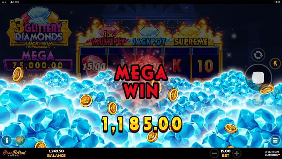 Mega Win screen in 3 Glittery Diamonds slot displaying a €1,185 payout.