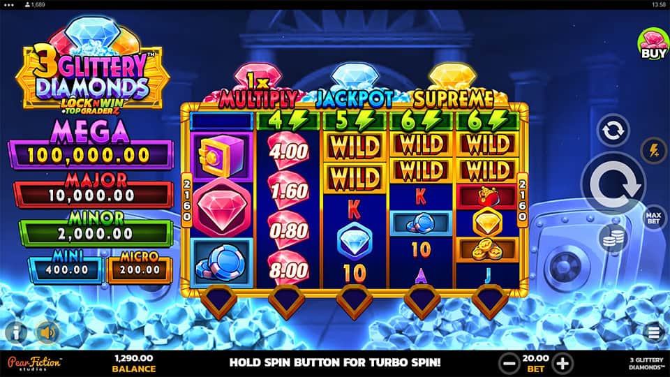 Preview of 3 Glittery Diamonds slot showing the reels and sparkling gemstone symbols in action.