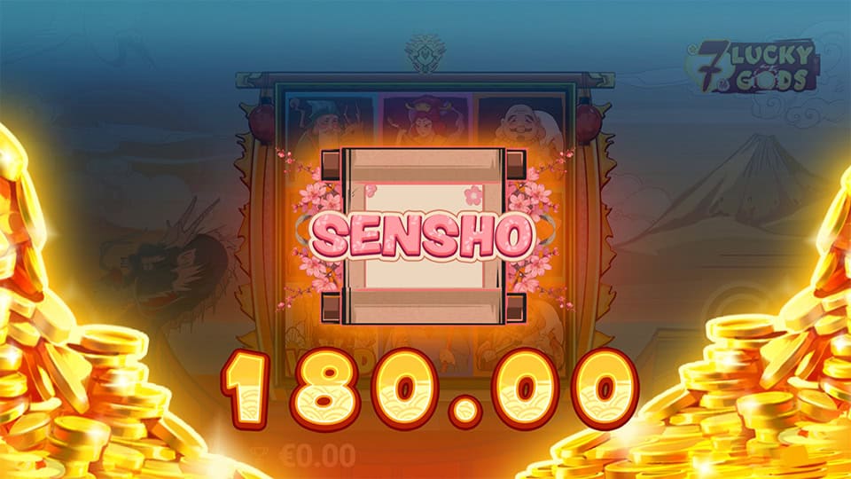 Sensho Win screen in 7 Lucky Gods slot displaying a €180 payout.