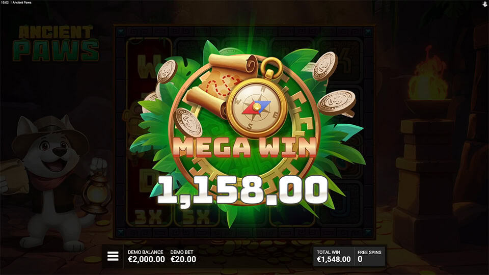 Mega Win of 1,158 in the Ancient Paws slot, with a compass and coins celebrating the big payout.