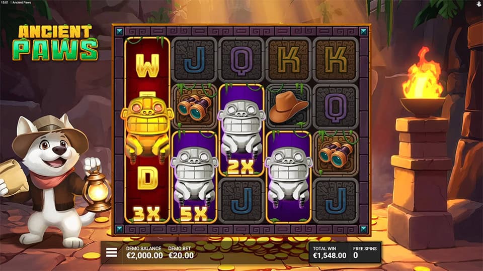 Expanding Wild symbols with multipliers appearing on the reels in Ancient Paws slot.