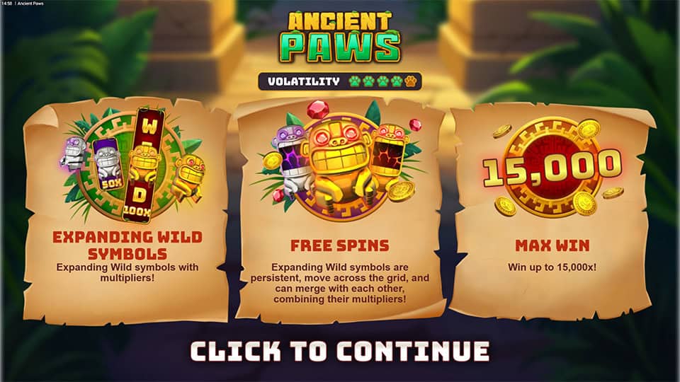 Overview of Ancient Paws slot features, highlighting expanding wild symbols, free spins, and a max win of 15,000x.