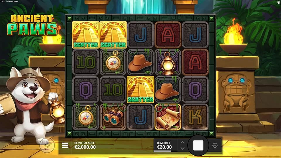 Scatter symbols landing on the reels to trigger the Free Spins bonus in the Ancient Paws slot.