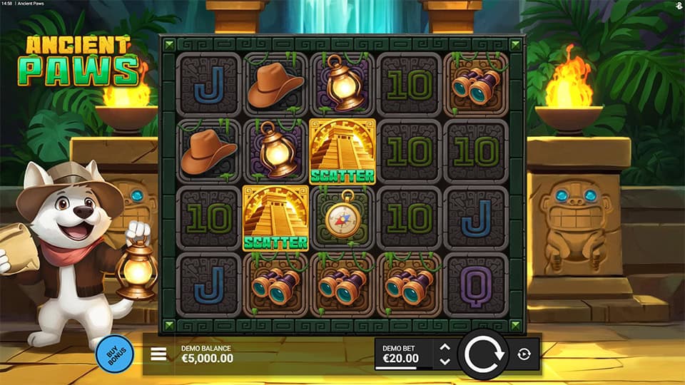 Base game view of the Ancient Paws slot, showing symbols like explorer hats, lanterns, and scatter symbols on the reels.