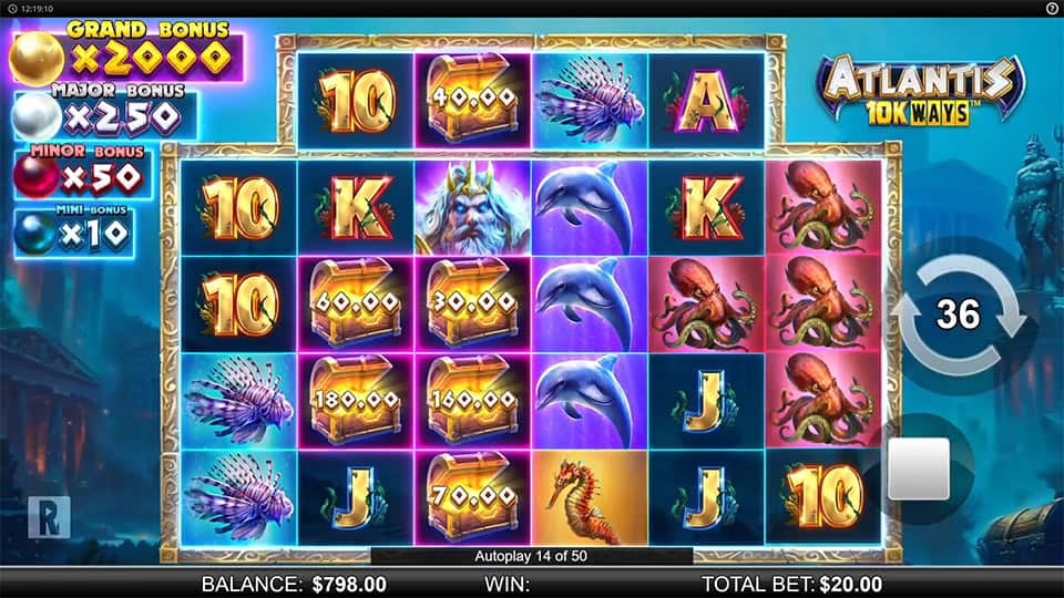 Six Scatter symbols appearing in Atlantis 10K Ways slot, triggering the Bonus Respins feature.