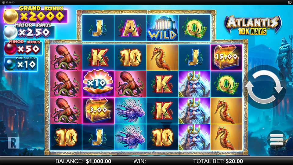 Preview of Atlantis 10K Ways slot showing the reels and ocean-themed symbols in action.