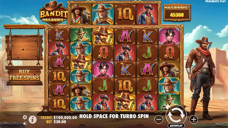 Bandit Megaways slot reels featuring Western-themed characters and dynamic Megaways mechanics.