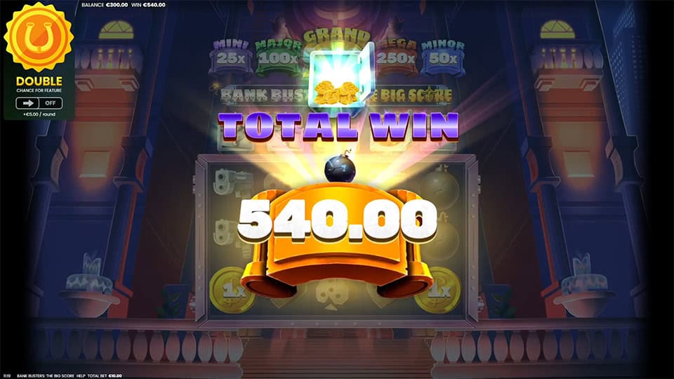 Total Win screen in Bank Busters The Big Score slot displaying a €540 payout.