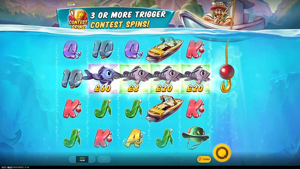 Hook Mechanic feature in Bass Boss slot catching four Fish Symbols on screen.