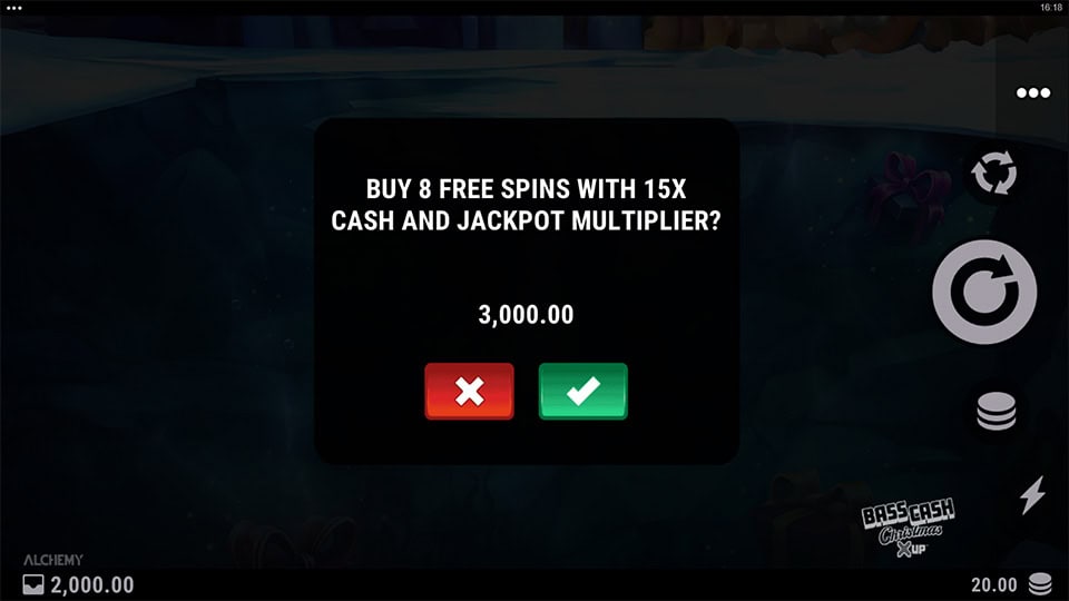 Feature Buy option in Bass Cash Christmas X UP slot allowing direct entry into the Free Spins Bonus for x150 the bet.