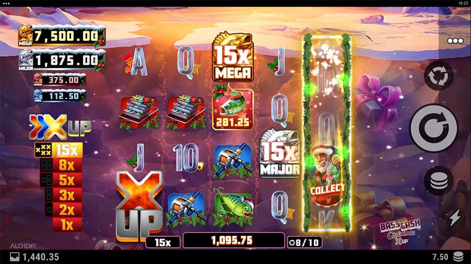 Mega and Major Jackpot prize symbols appearing in Bass Cash Christmas X UP slot.