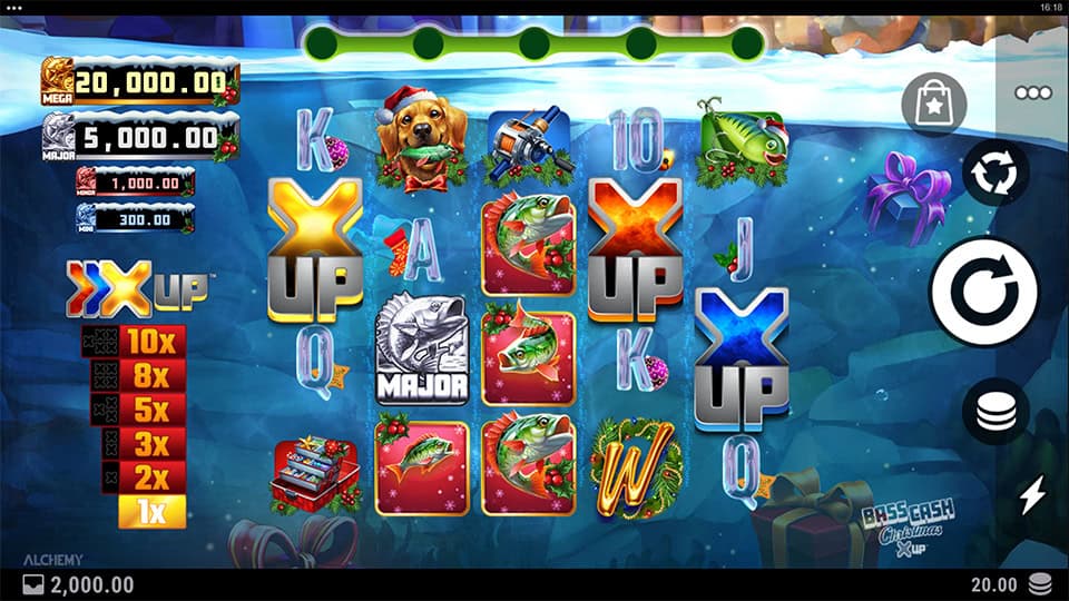 Preview of Bass Cash Christmas X UP slot showing the reels and Christmas-themed fishing symbols in action.