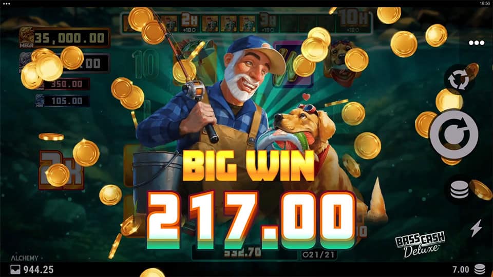 Big Win screen in Bass Cash Deluxe slot displaying a €217 payout.