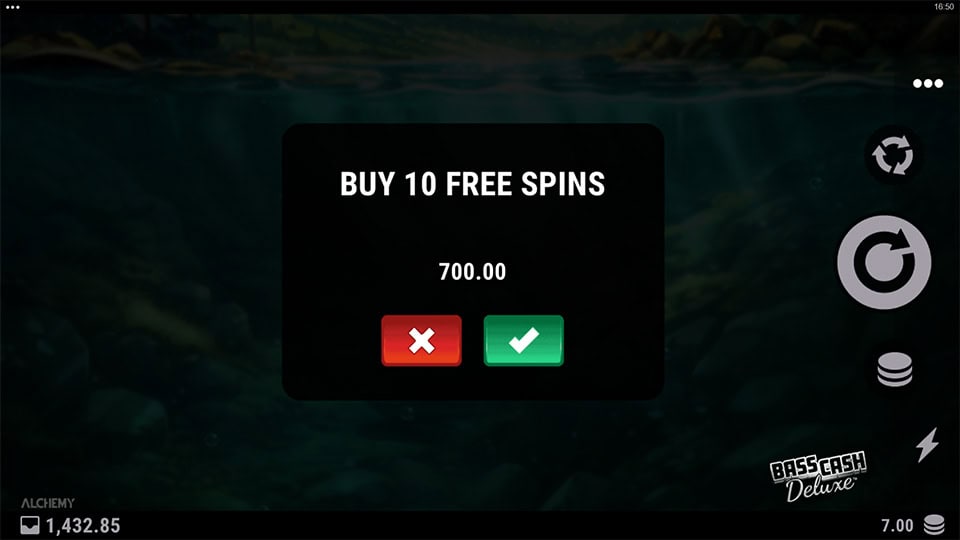 Feature Buy option in Bass Cash Deluxe slot allowing direct entry into the Free Spins Bonus for x100 the bet.