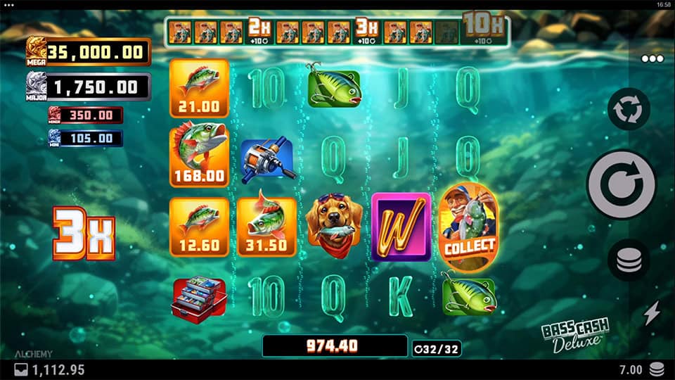 Cash Collect feature in Bass Cash Deluxe slot capturing four prize symbols on the reels.