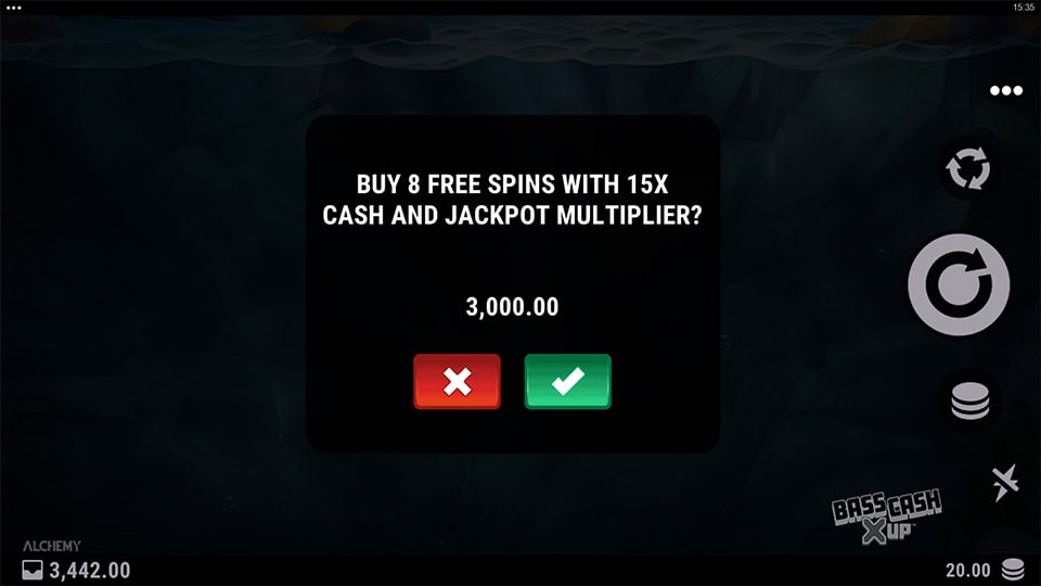 Buy Feature in Bass Cash X UP slot allowing instant entry into 8 Free Spins with a 15x Cash and Jackpot Multiplier for x150 the bet.