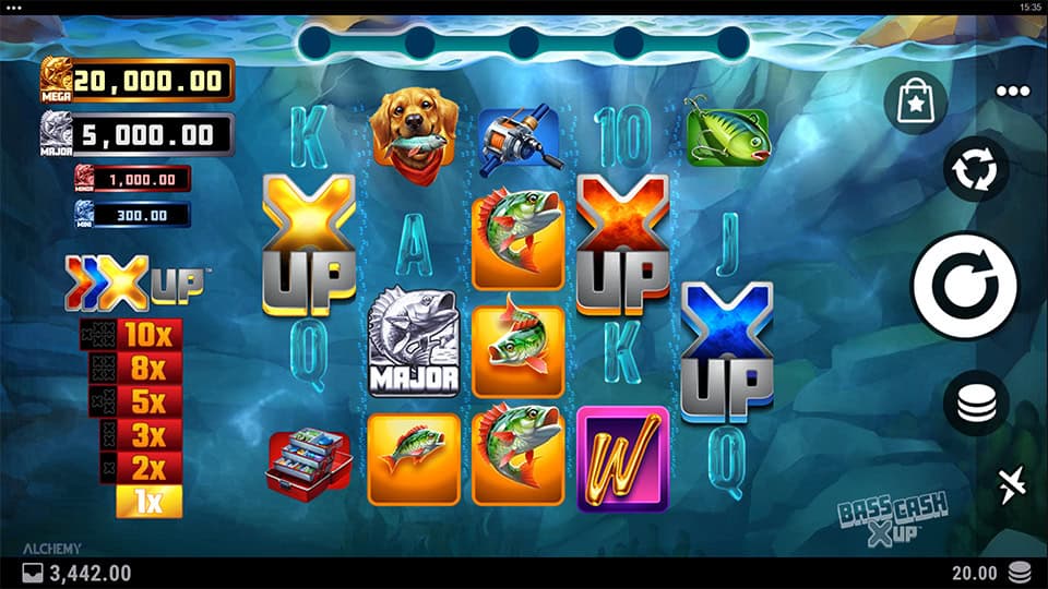 Preview of Bass Cash X UP slot showing the reels and fishing-themed symbols in action.