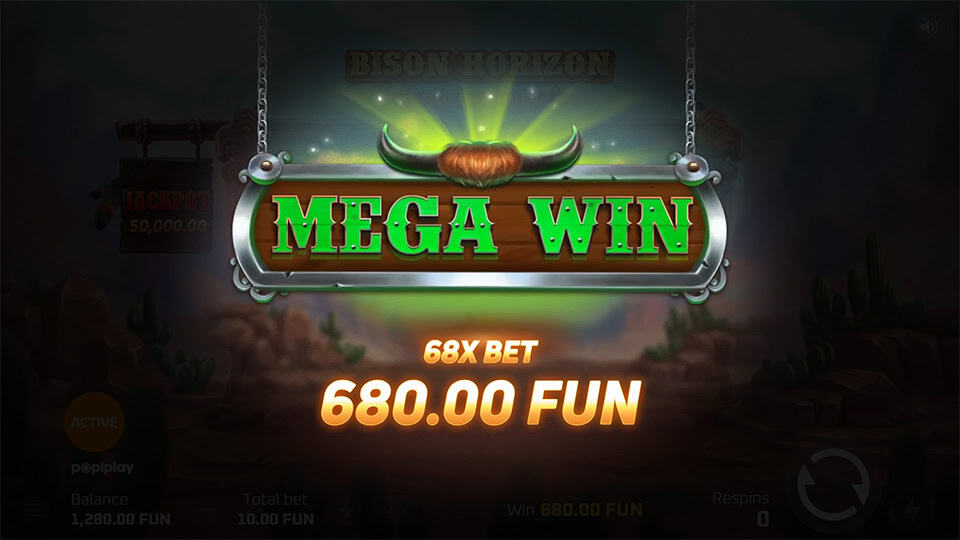 Mega Win screen in Bison Horizon Hold and Win slot displaying a €680 payout.