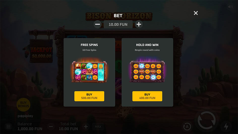 Buy Feature in Bison Horizon Hold and Win slot offering Free Spins for 50x the bet and Hold and Win Bonus for 40x the bet.