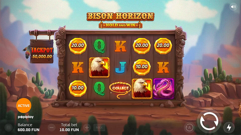 Five Prize symbols and one Collect symbol appearing in Bison Horizon Hold and Win slot, triggering the Hold and Win feature.