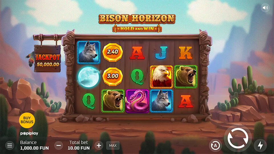 Preview of Bison Horizon Hold and Win slot showing the reels and wildlife-themed symbols in action.