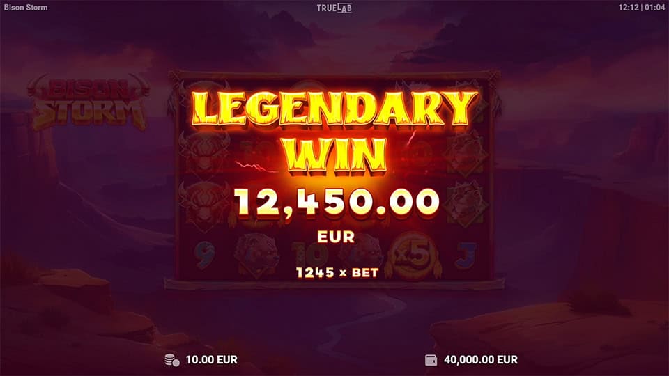 Legendary Win screen in Bison Storm slot displaying a €12,450 payout.