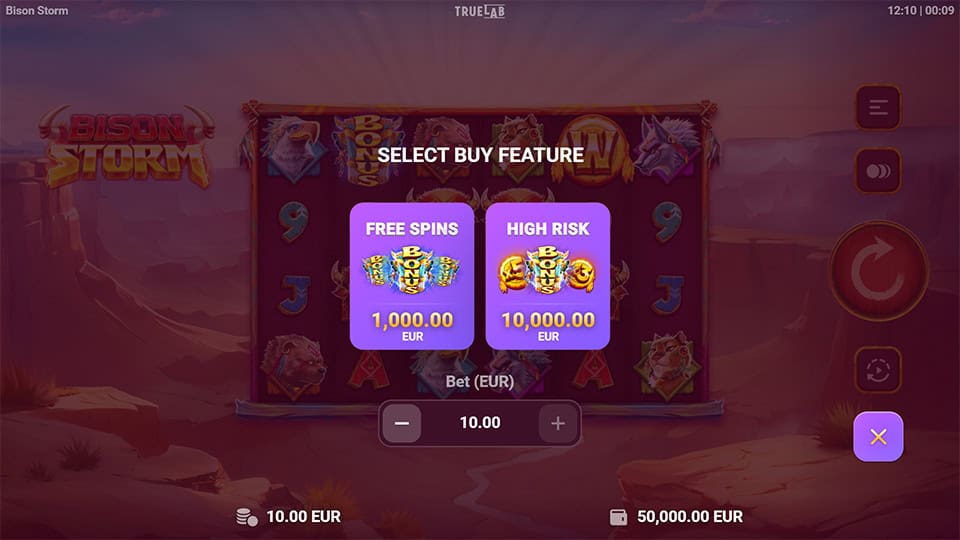 Buy Feature in Bison Storm slot offering Free Spins for x100 the bet and High Risk Free Spins for x1000 the bet.