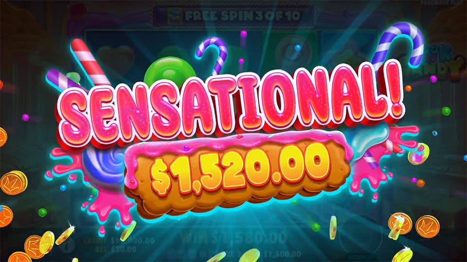 Sensational win screen in Book of Candy slot displaying a €1,520 payout.