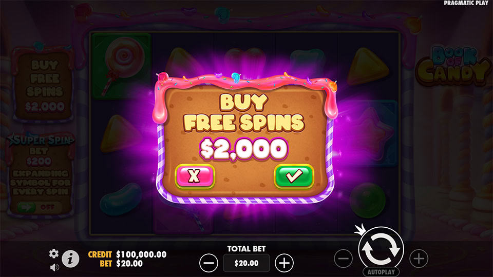 Buy Free Spins feature in Book of Candy slot, available for x100 the bet.