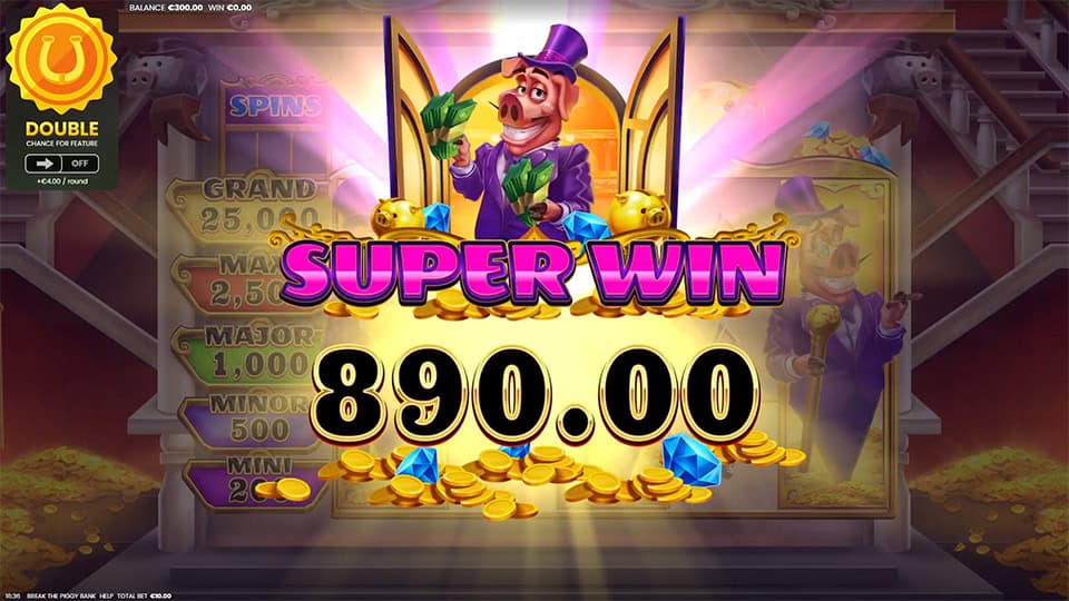 Super Win screen in Break The Piggy Bank slot displaying a €890 payout.