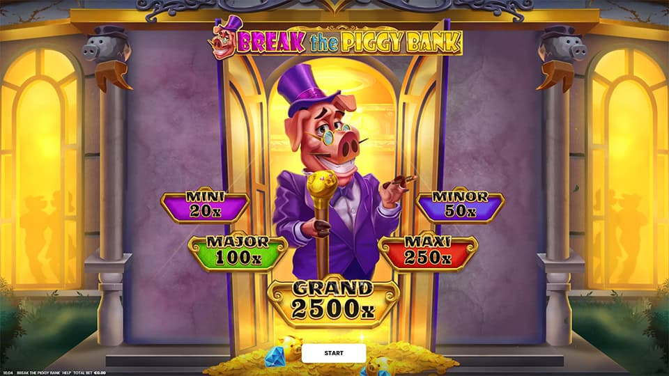 Homepage of Break The Piggy Bank slot introducing game features and bonus mechanics.