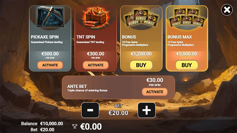 Bonus Buy options in Canyon Riches slot, offering Pickaxe Spin, TNT Spin, and Free Spins features.