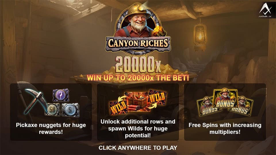 Canyon Riches slot features overview, highlighting pickaxe nuggets, additional rows, and free spins with multipliers.