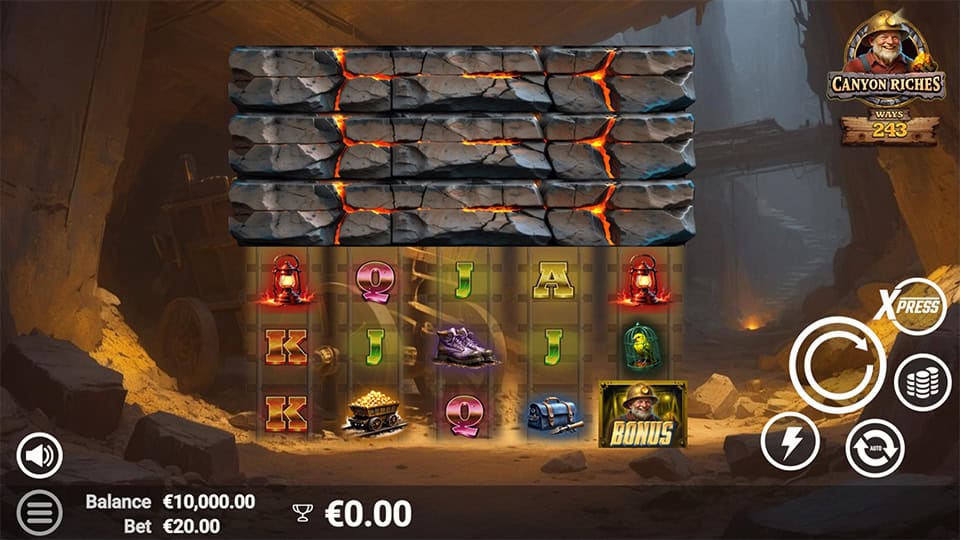 Canyon Riches slot game preview showing the reels with symbols and mining-themed graphics.