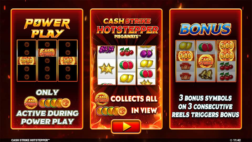 Homepage of Cash Strike Hotstepper Megaways slot introducing game features and bonus mechanics.