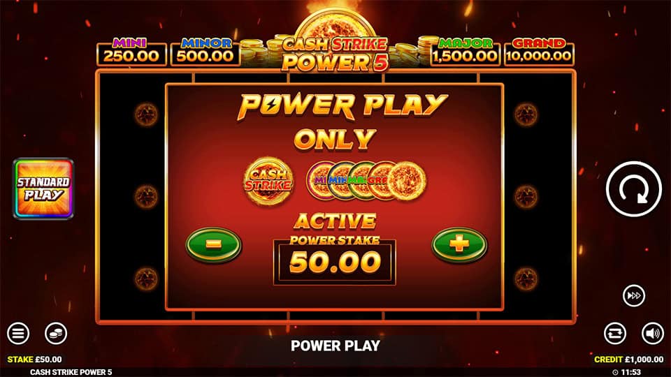 Power Play feature in Cash Strike Power 5 slot, offering enhanced gameplay options.