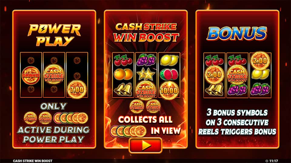 Homepage of Cash Strike Win Boost slot introducing game features and bonus mechanics.