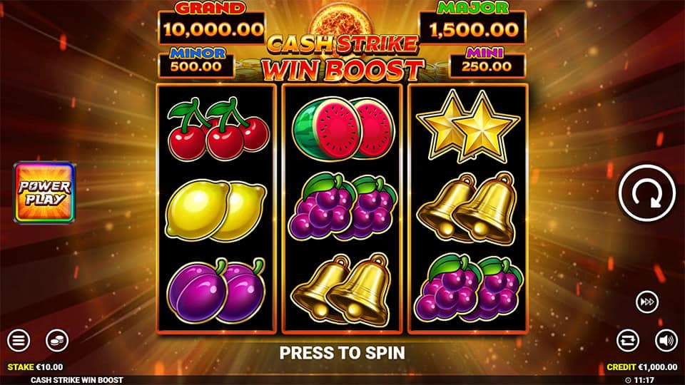 Preview of Cash Strike Win Boost slot showing the reels and themed symbols in action.