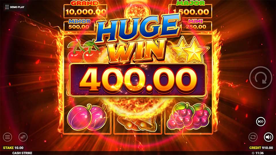 Huge win screen in Cash Strike slot displaying a €400 payout.