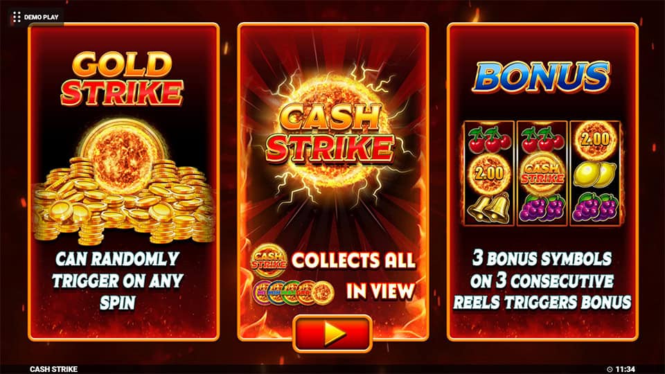 Homepage of Cash Strike slot introducing game features and bonus mechanics.