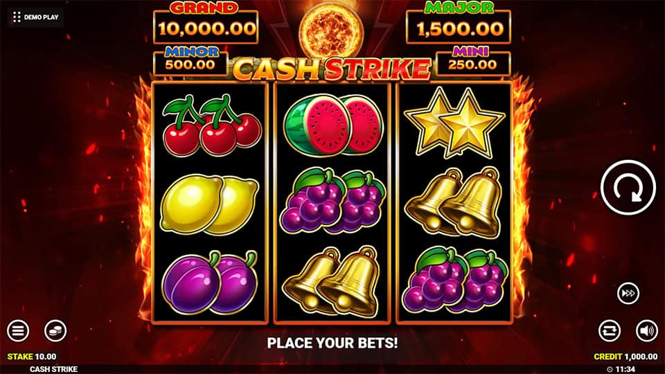 Preview of Cash Strike slot showing the reels and themed symbols in action.