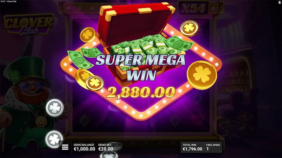 Super Mega Win screen in Clover Club slot displaying a €2,880 payout.