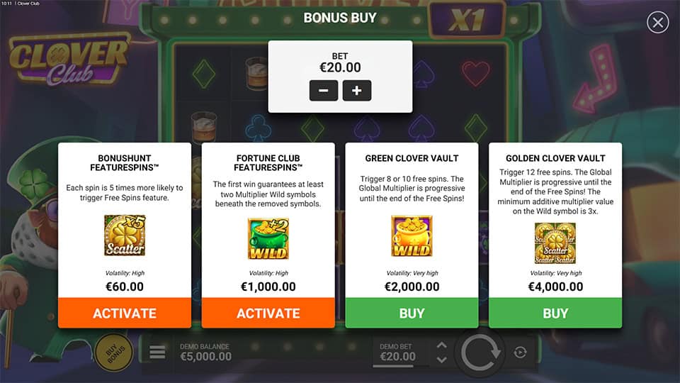 Bonus Buy feature in Clover Club slot offering four options, including two Featurespins and two Free Spins selections.