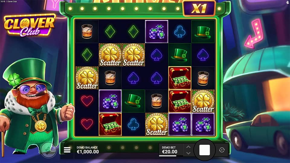 Five Scatter symbols appearing in Clover Club slot, triggering the Green Clover Vault Free Spins round.