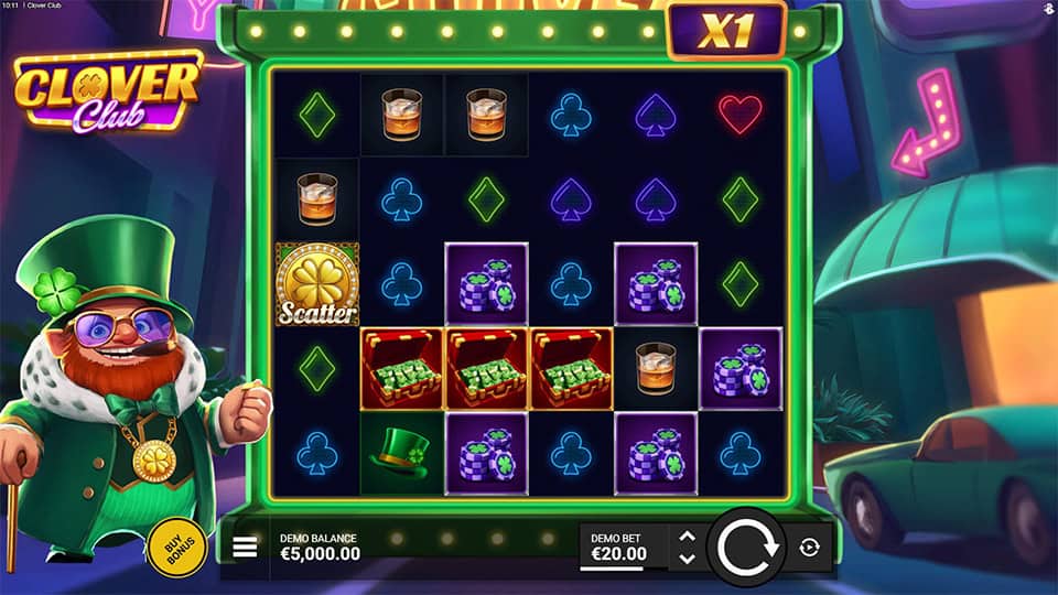 Preview of Clover Club slot showing the reels and Irish-themed symbols in action.