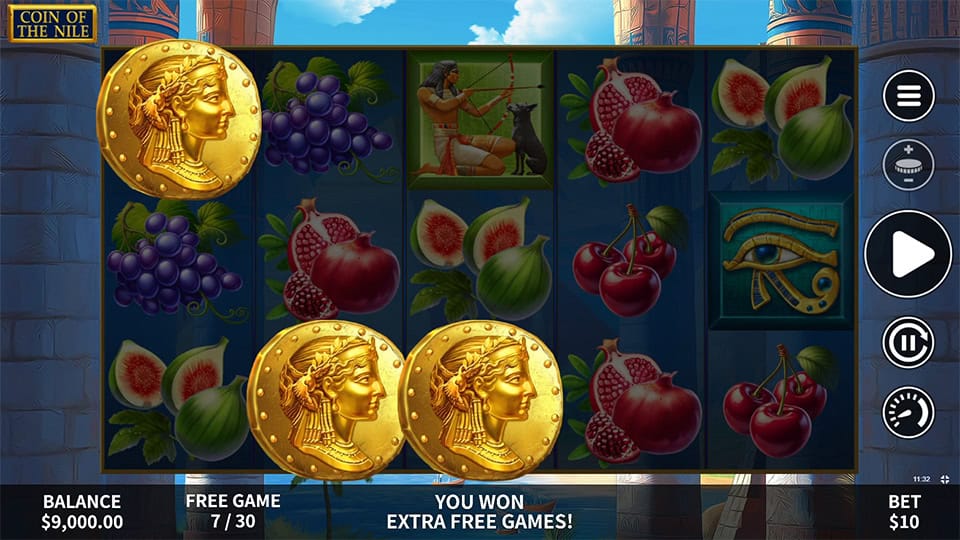 Three Coin symbols appearing in Coin of the Nile slot, retriggering 15 additional Free Games.