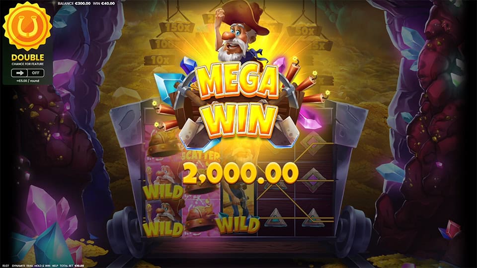 Mega Win screen in Dynamite Trail: Hold and Win slot displaying a €2,000 payout.